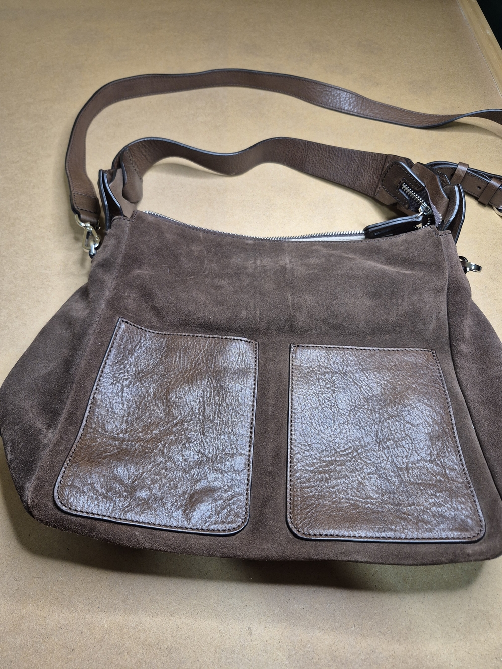 Brown Suede Shoulder Bag with Leather Front Pockets